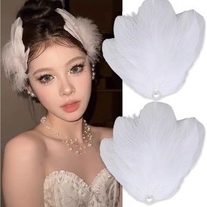 White Feather Hair Clip Ballet Style Pearl White Swan Accessories Headpiece 2PCS